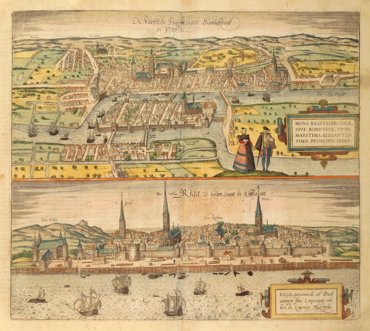 Mapa de Königsberg y Riga de Civitates Orbis Terrarum de Georg Braun and Hogenberg Franz