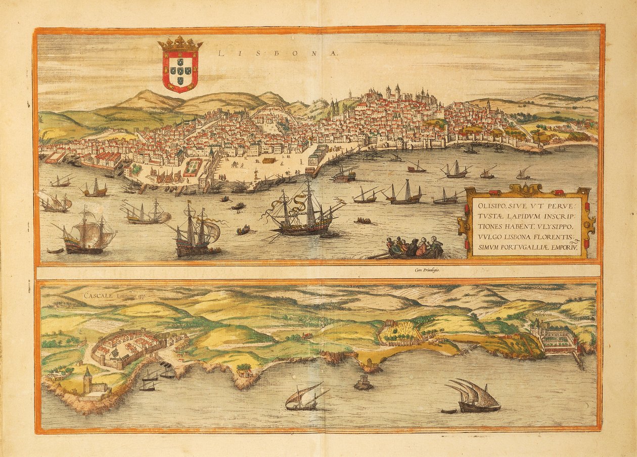 Mapa de Lisboa y Cascais de Civitates Orbis Terrarum por Georg Braun de Georg Braun and Hogenberg Franz