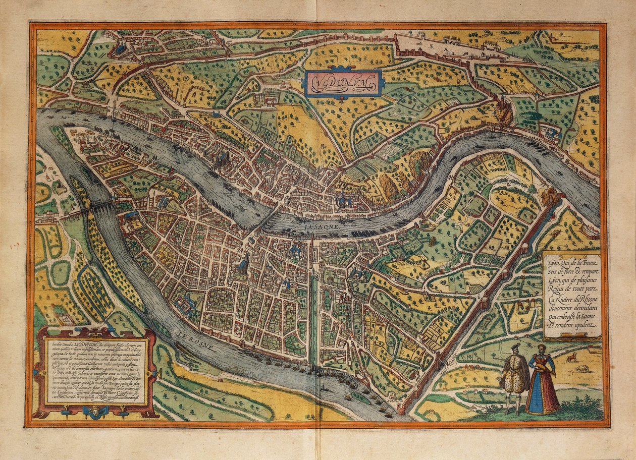Mapa de Lyon, Francia, del Civitates Orbis Terrarum de Georg Braun de Georg Braun and Hogenberg Franz