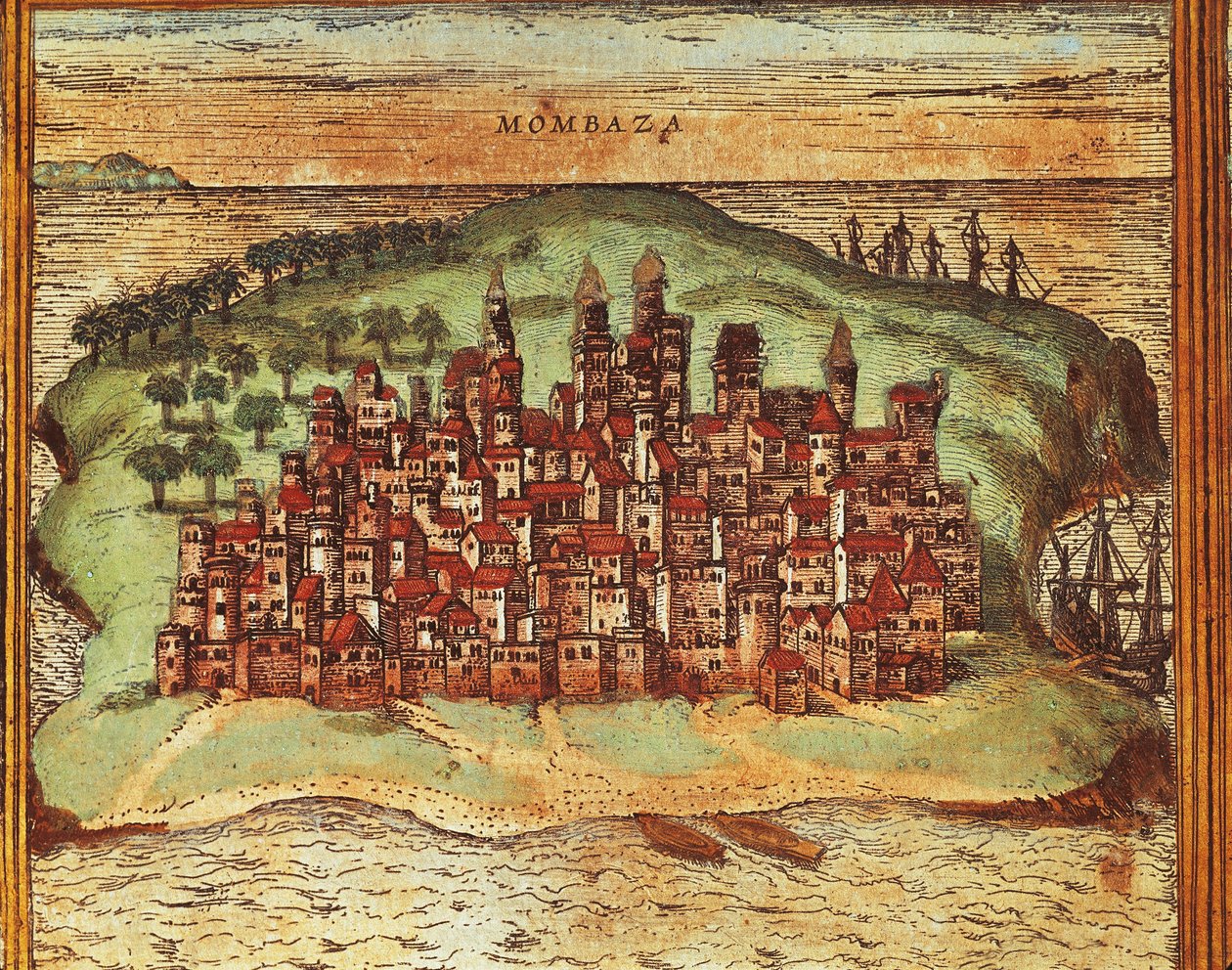 Mapa de Mombasa, Kenia, de Civitates Orbis Terrarum por Georg Braun y Franz Hogenberg, grabado de Georg Braun and Hogenberg Franz