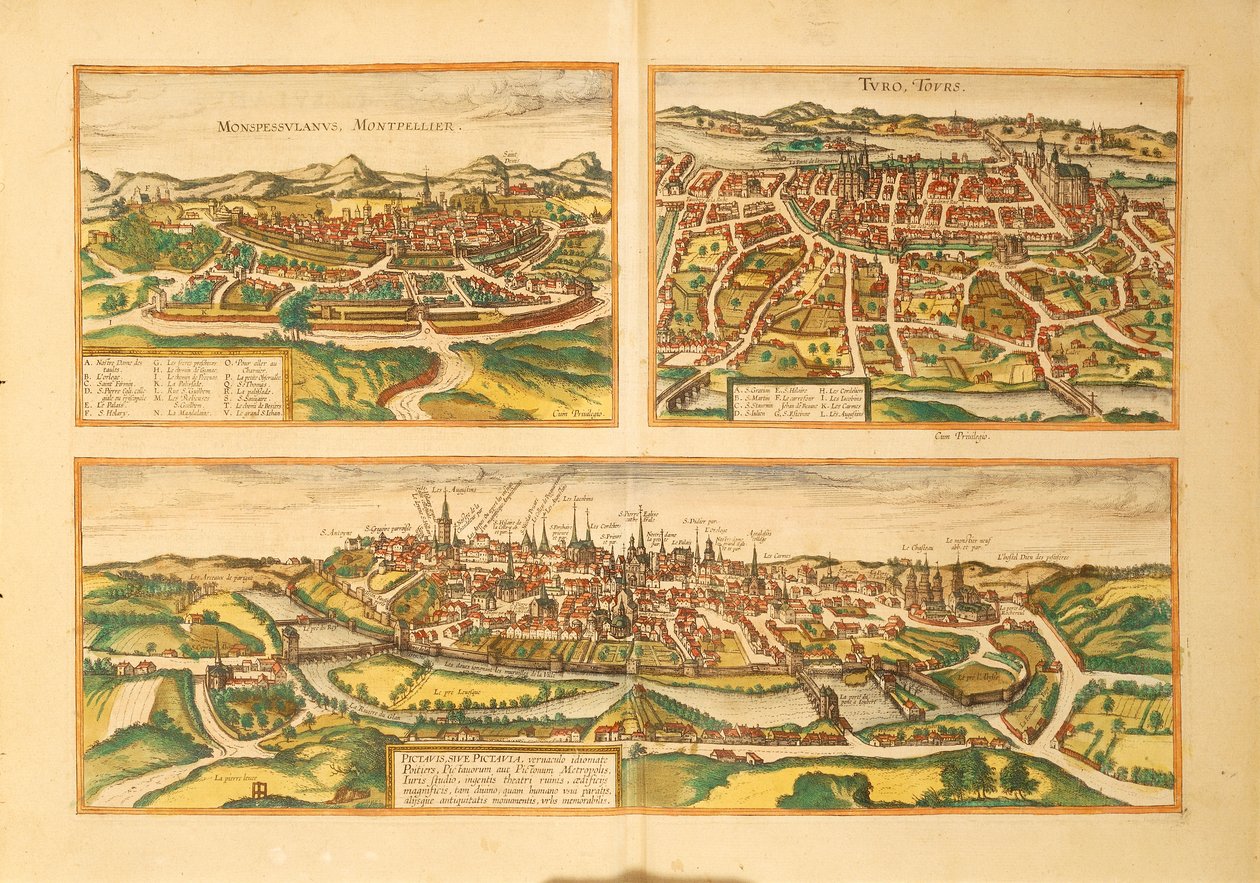 Mapa de Montpellier, Tours y Poitiers de Civitates Orbis Terrarum por Georg Braun de Georg Braun and Hogenberg Franz
