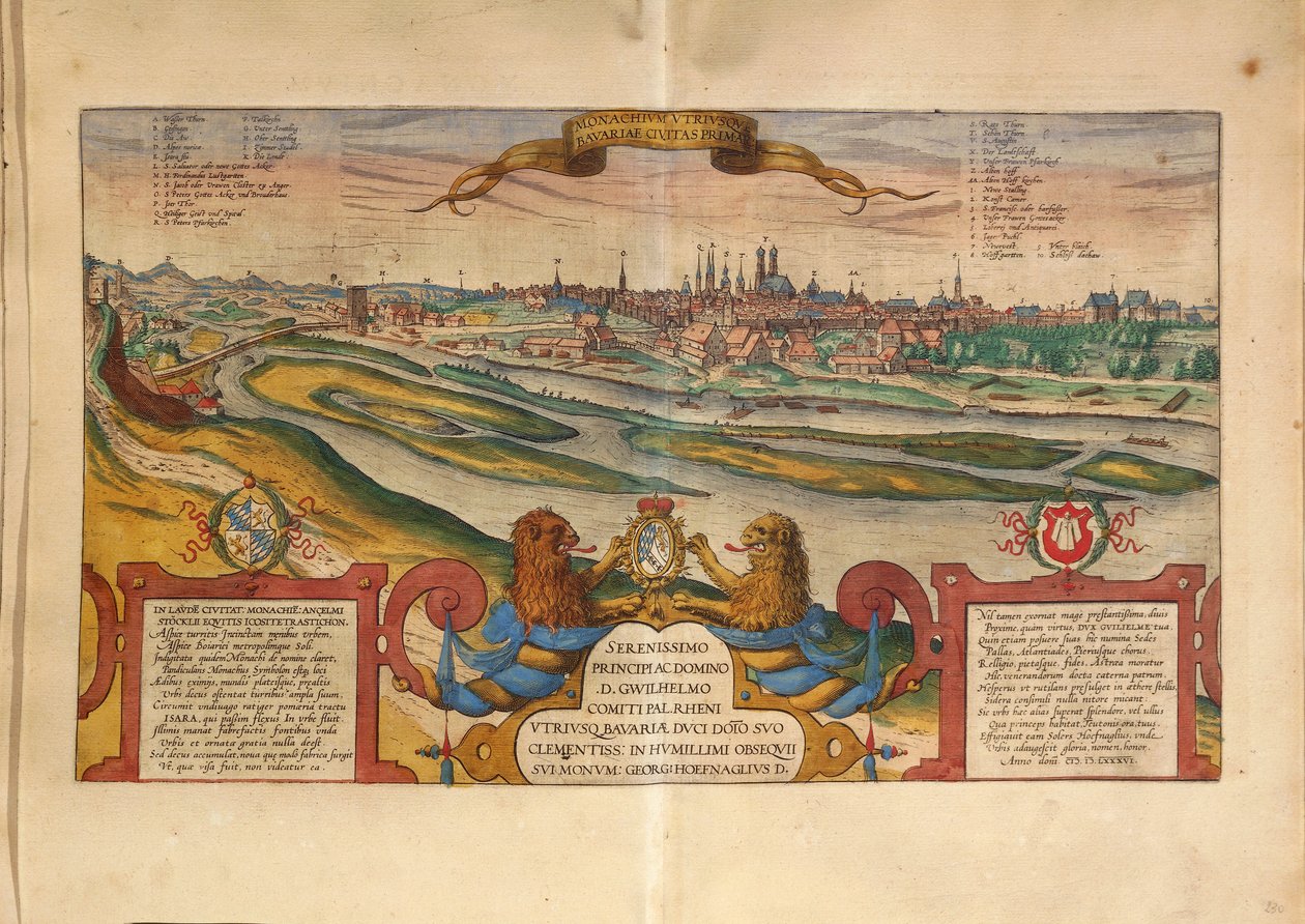 Mapa de Múnich, Alemania, de Civitates Orbis Terrarum por Georg Braun de Georg Braun and Hogenberg Franz