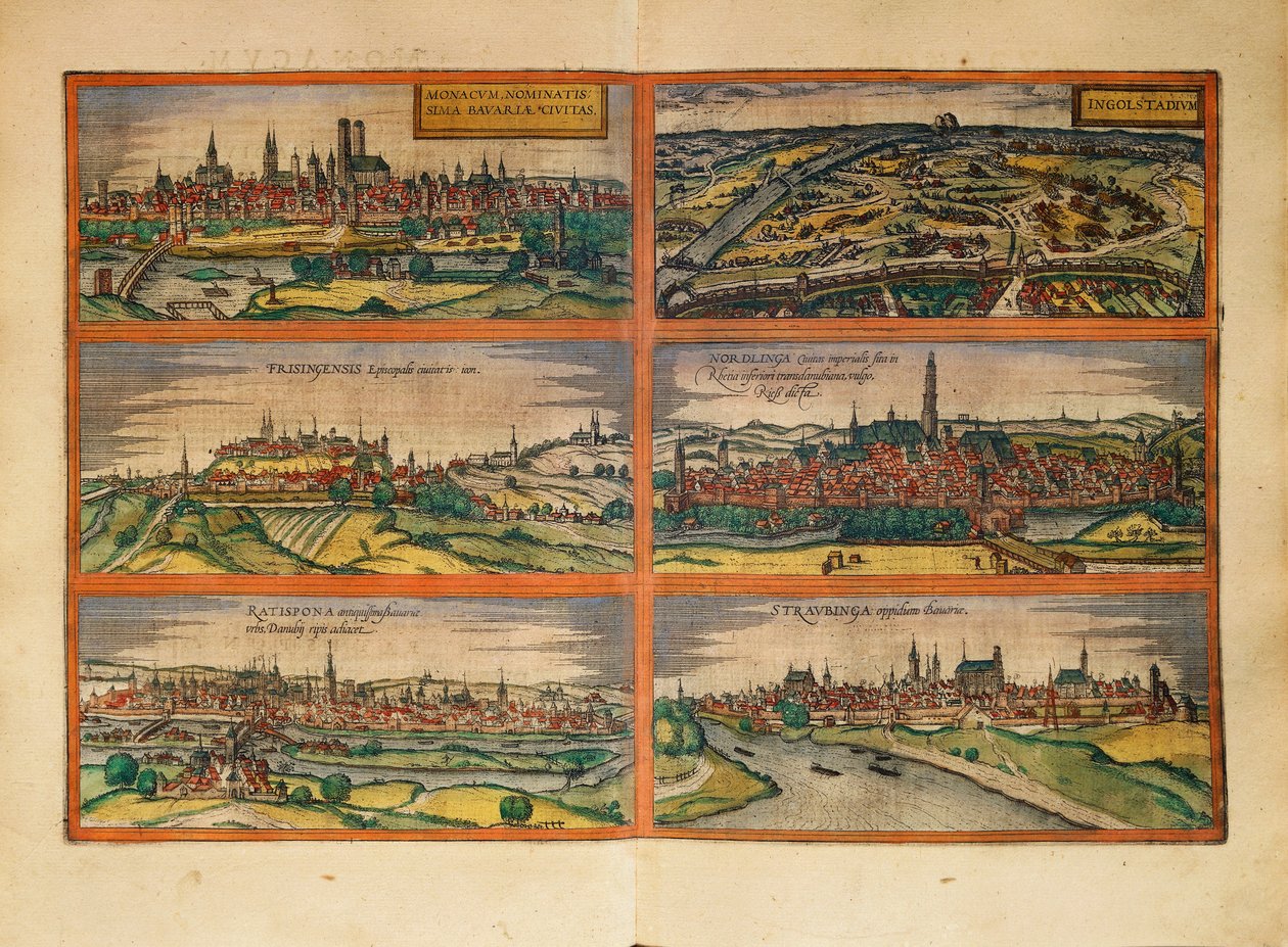 Mapa de Múnich, Ingolstadt, Freising, Nordlingen, Regensburg y Straubing, Alemania, de Civitates Orbis Terrarum por Georg Braun de Georg Braun and Hogenberg Franz