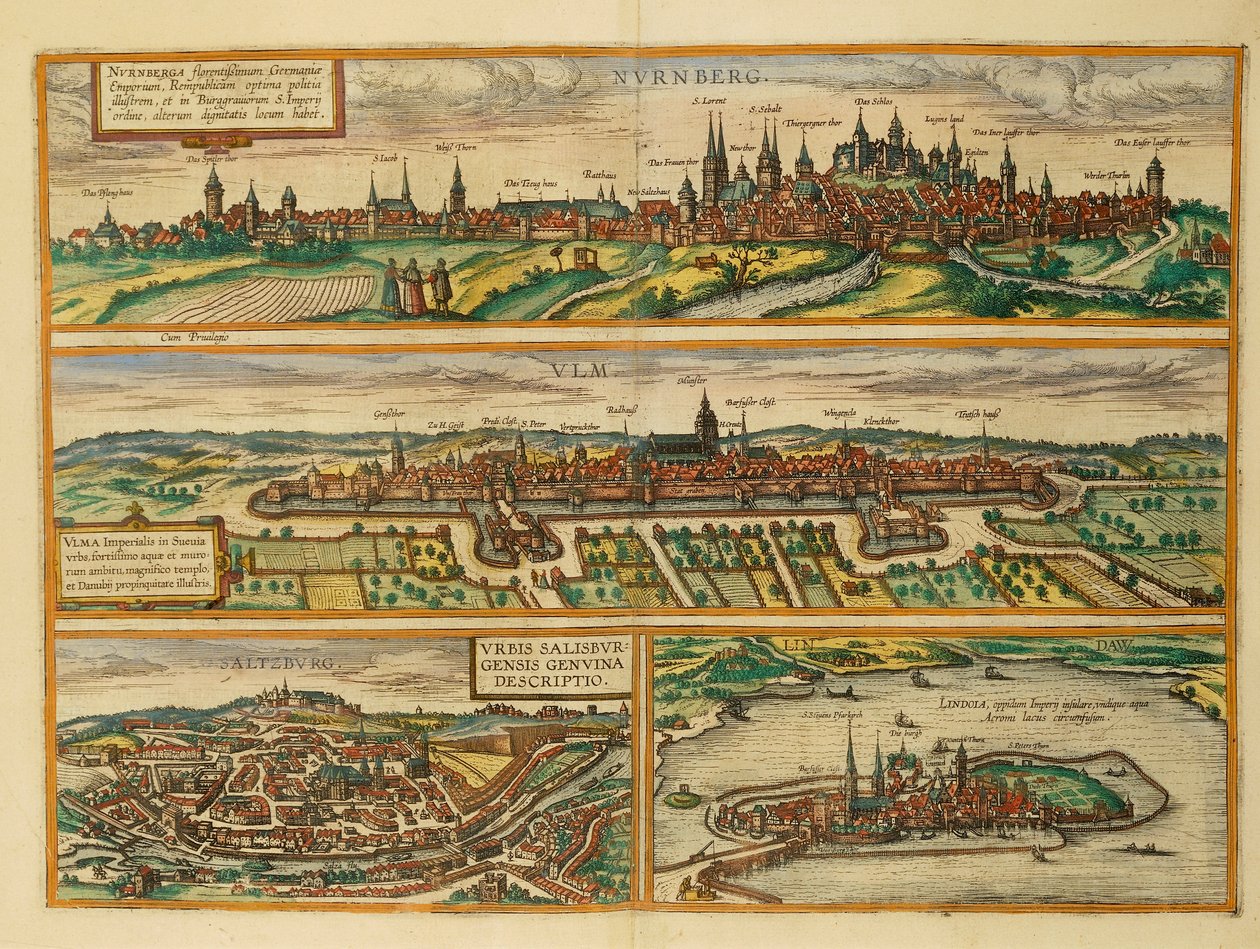 Mapa de Núremberg, Ulm, Salzburgo y Lindau de Civitates Orbis Terrarum de Georg Braun and Hogenberg Franz