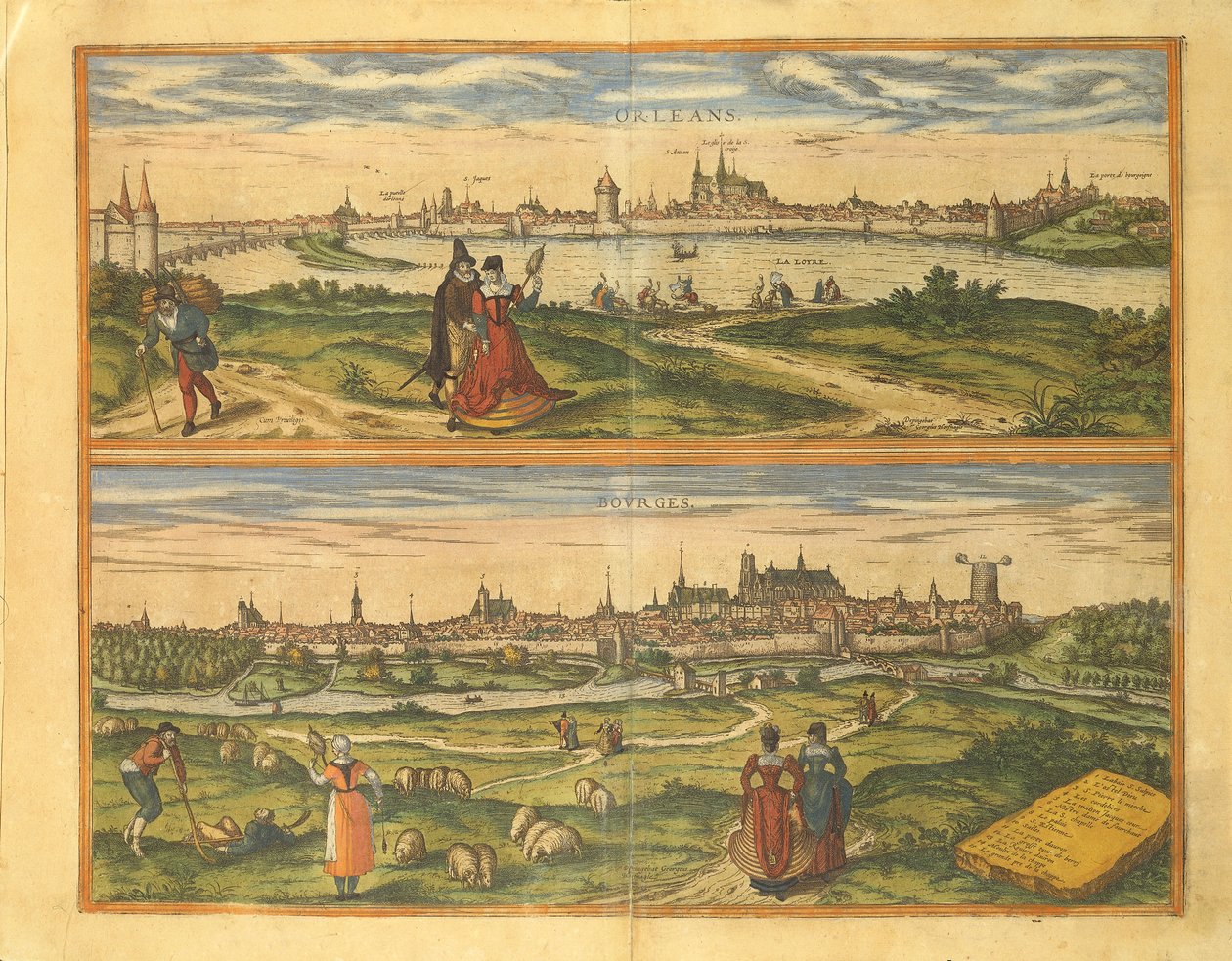 Mapa de Orleans y Bourges de Civitates Orbis Terrarum por Georg Braun de Georg Braun and Hogenberg Franz