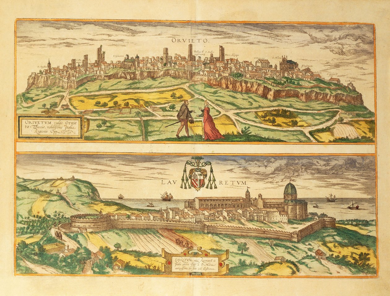 Mapa de Orvieto y Loreto, región de Umbría y Marche de Civitates Orbis Terrarum por Georg Braun de Georg Braun and Hogenberg Franz