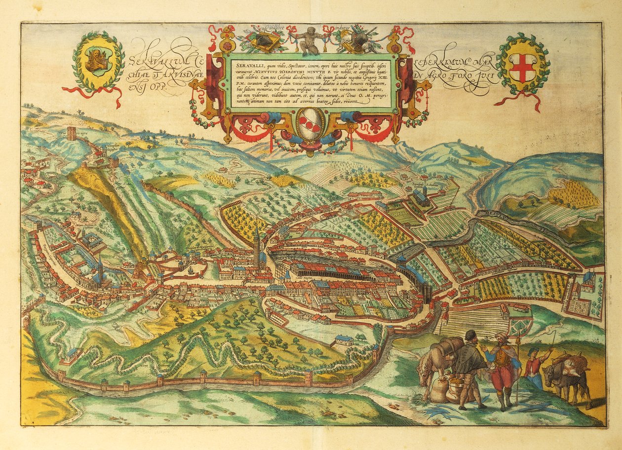 Mapa de Serravalle Scrivia, región de Piamonte de Civitates Orbis Terrarum por Georg Braun de Georg Braun and Hogenberg Franz