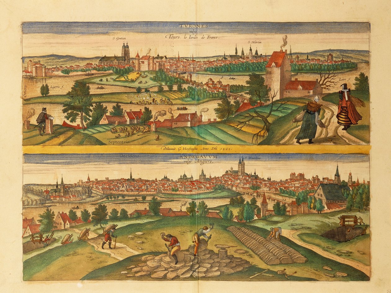 Mapa de Tours y Angers del Civitates Orbis Terrarum de Georg Braun de Georg Braun and Hogenberg Franz