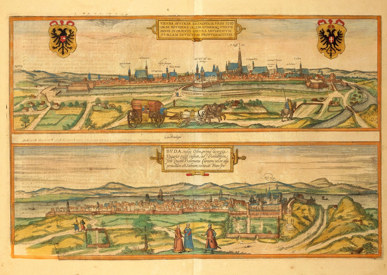 Mapa de Viena y Buda de Civitates Orbis Terrarum por Georg Braun de Georg Braun and Hogenberg Franz
