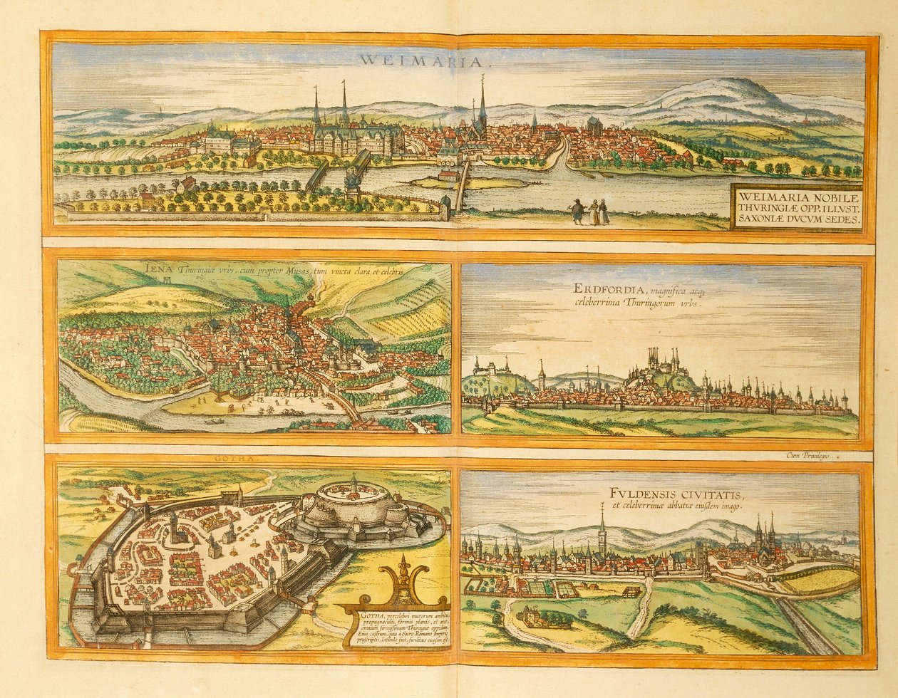 Mapa de Weimar, Jena, Erfurt, Gotha y Fulda del Civitates Orbis Terrarum de Georg Braun de Georg Braun and Hogenberg Franz