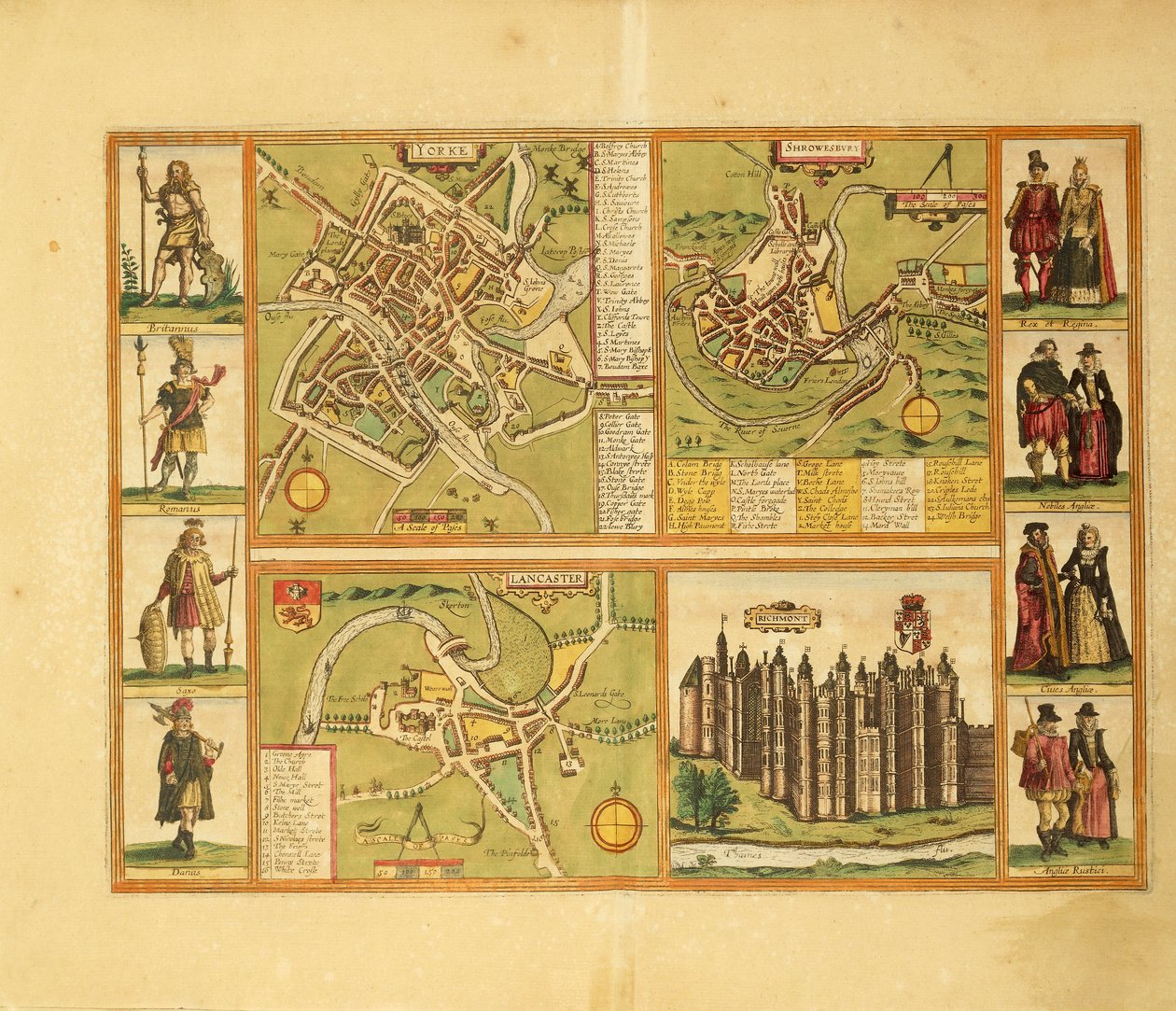 Mapa de York, Shrewsbury, Lancaster y Castillo de Richmond de Civitates Orbis Terrarum por Georg Braun de Georg Braun and Hogenberg Franz