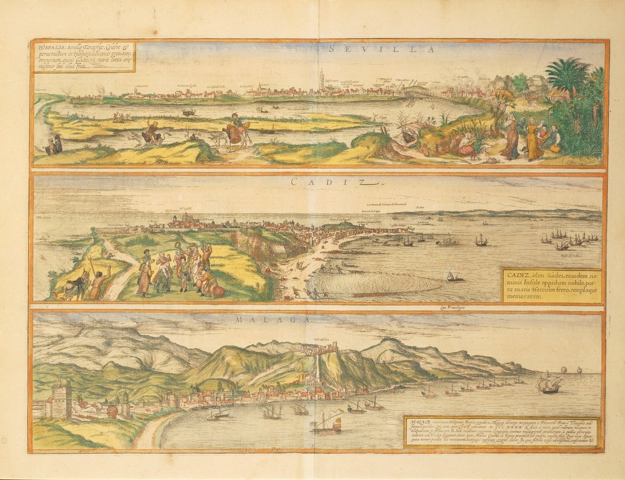 Mapas de Sevilla, Cádiz y Málaga, España, de Civitates Orbis Terrarum de Georg Braun and Hogenberg Franz