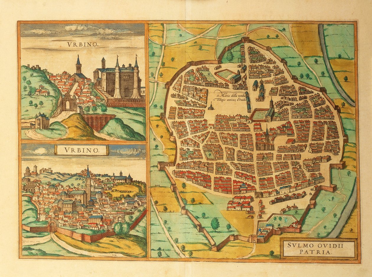 Mapas de Urbino y Sulmona, regiones de Abruzzo y Marche, Italia, de Civitates Orbis Terrarum por Georg Braun de Georg Braun and Hogenberg Franz