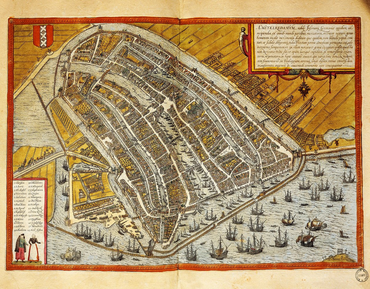 Países Bajos, Mapa de Ámsterdam de Civitates Orbis Terrarum por Georg Braun (1541-1622) y Franz Hogenberg (1535-1590), grabado de Georg Braun and Hogenberg Franz