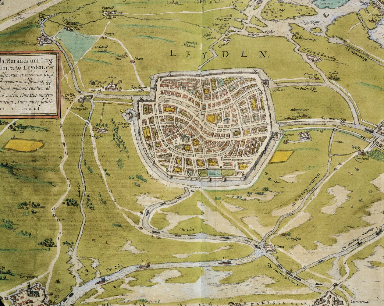 Países Bajos, Mapa de la ciudad y región de Leiden del Civitates Orbis Terrarum de Georg Braun (1541-1622) y Franz Hogenberg (1540-1590), Colonia, grabado de Georg Braun and Hogenberg Franz