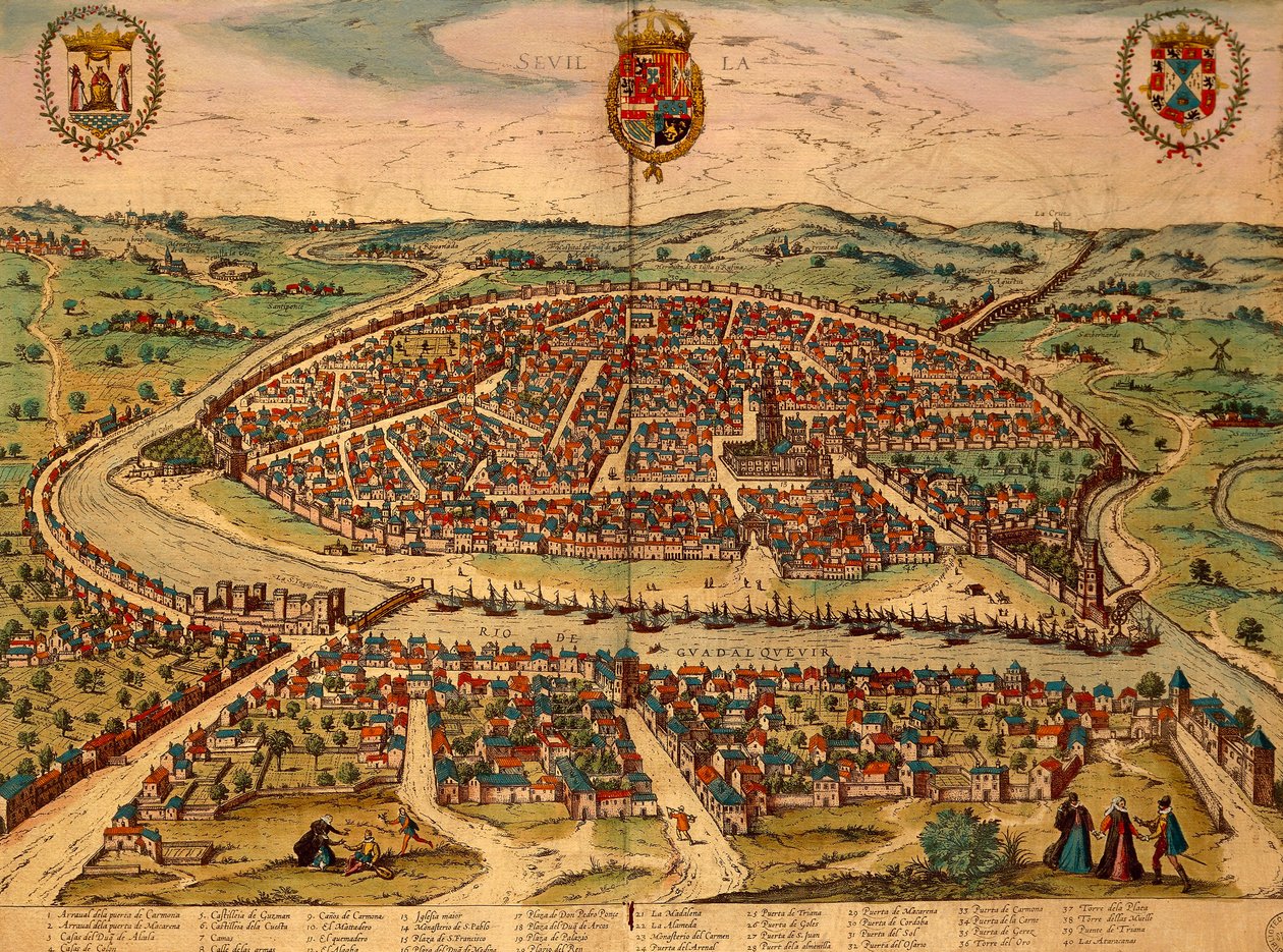 España, Sevilla, vista de la ciudad, grabado en color de Civitates Orbis Terrarum por Georg Braun y Franz Hogenberg de Georg Braun and Hogenberg Franz
