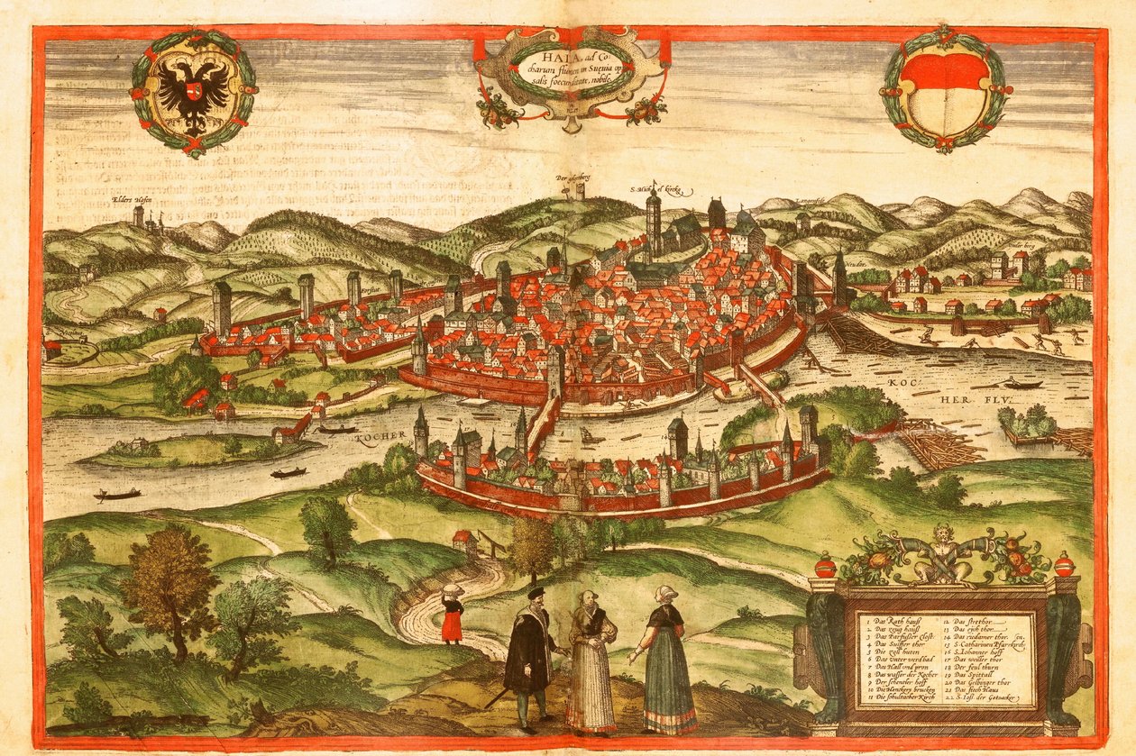 Swabischhall, Suabia, Alemania de Georg and Hogenberg Franz (1535 90) Braun
