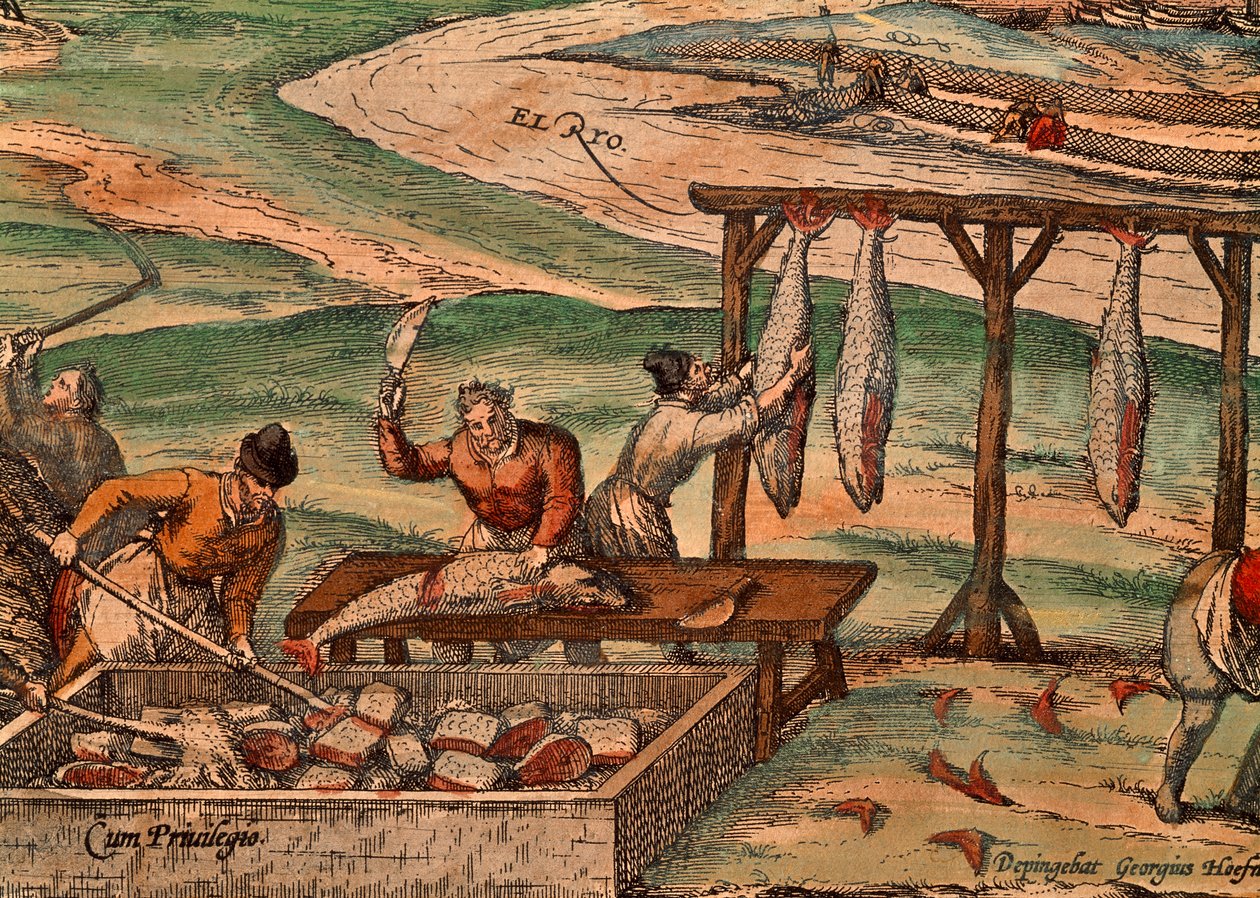 Procesamiento de atún, escena de Civitates Orbis Terrarum de Georg Braun and Hogenberg Franz