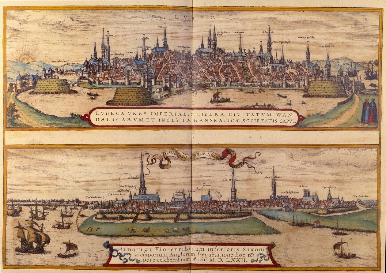 Vista superior de la ciudad de Lübeck, abajo la ciudad de Hamburgo en Alemania. Grabado del Atlas de "Braun y Hogenberg" 1572 de Georg Braun and Hogenberg Franz