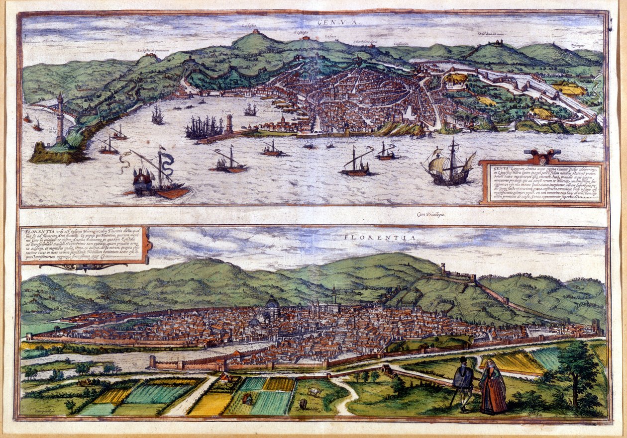 Génova (arriba) y Florencia (abajo) Vista de pájaro del Atlas de Braun & Hogenberg. 1550 de Georg Braun and Hogenberg Franz