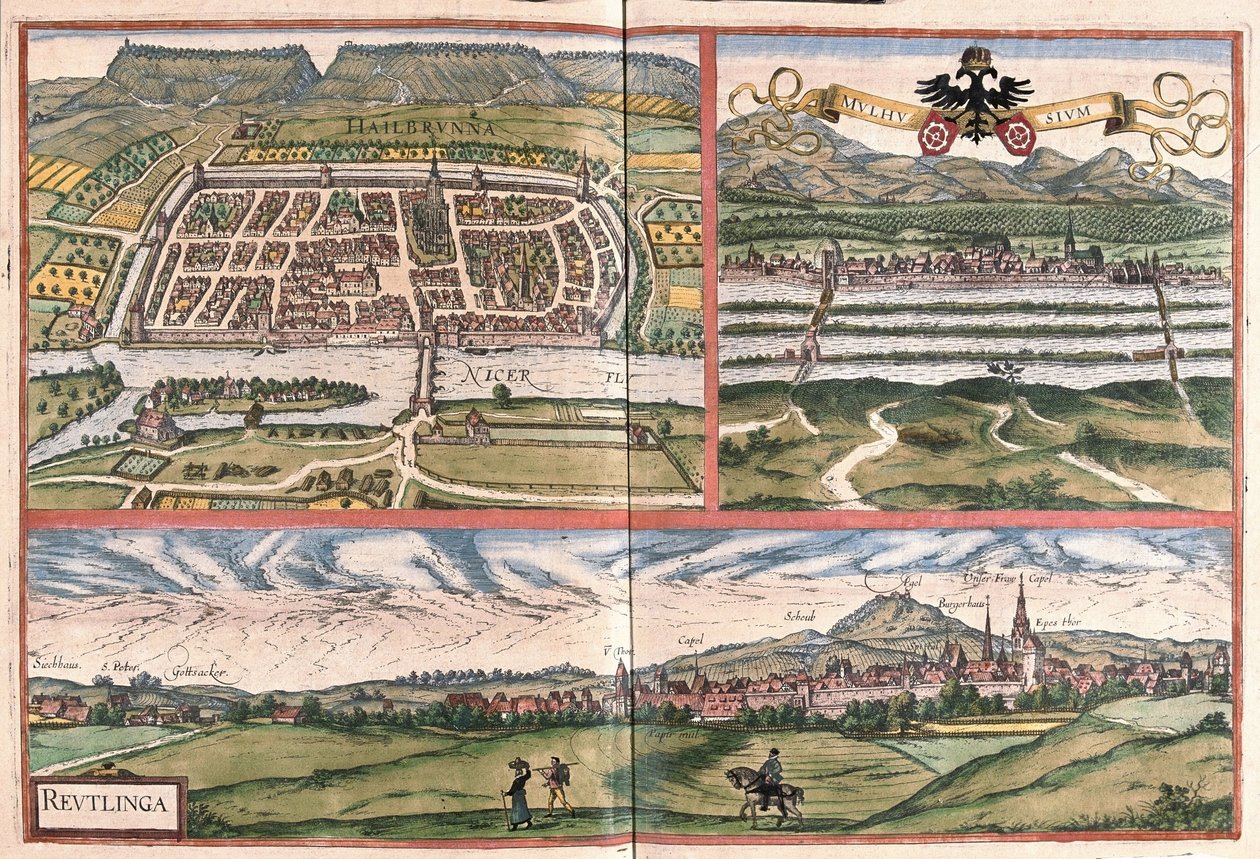 Heilbronn (Alemania), Mulhouse (Francia) y Reutlingen (Alemania) de Georg Braun and Hogenberg Franz