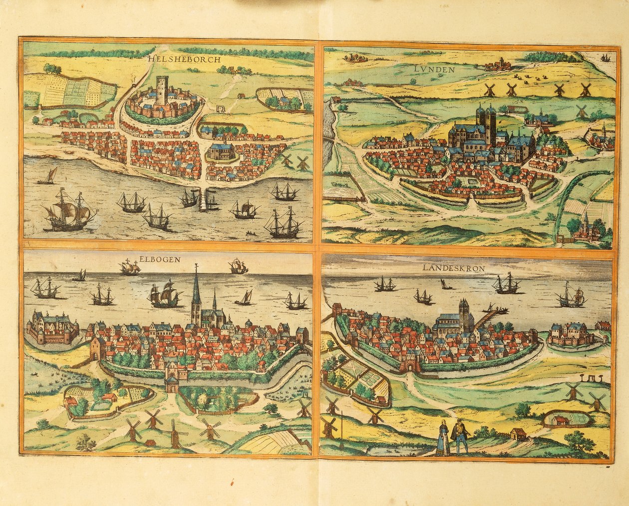 Helsingborg, Lund, Malmö, Elbogen y Landskrona, de Civitates Orbis Terrarum, Colonia de Georg Braun and Hogenberg Franz