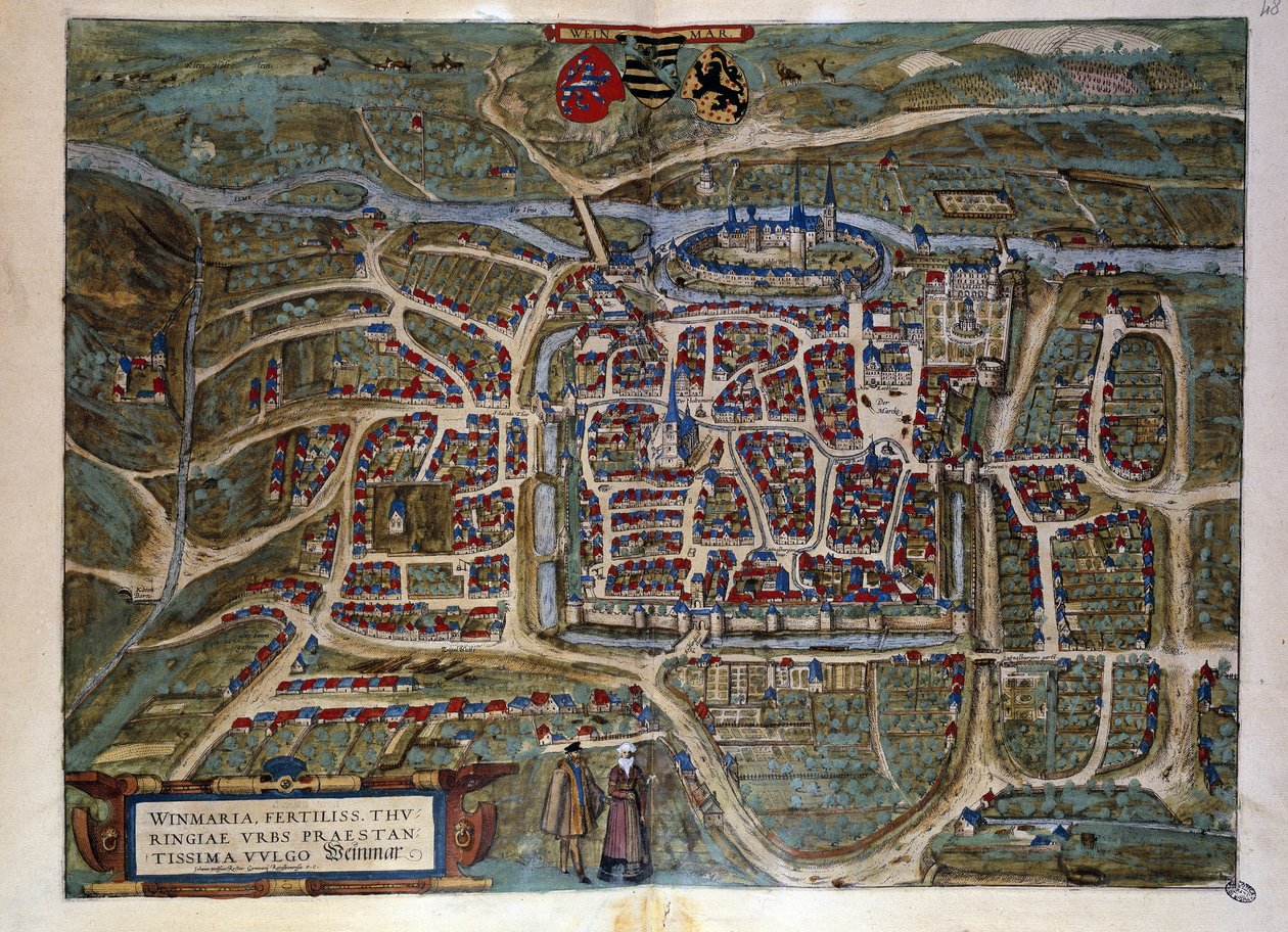 Mapa de la ciudad alemana de Weimar. Grabado del Atlas de “Braun y Hogenberg” 1572 de Georg Braun and Hogenberg Franz