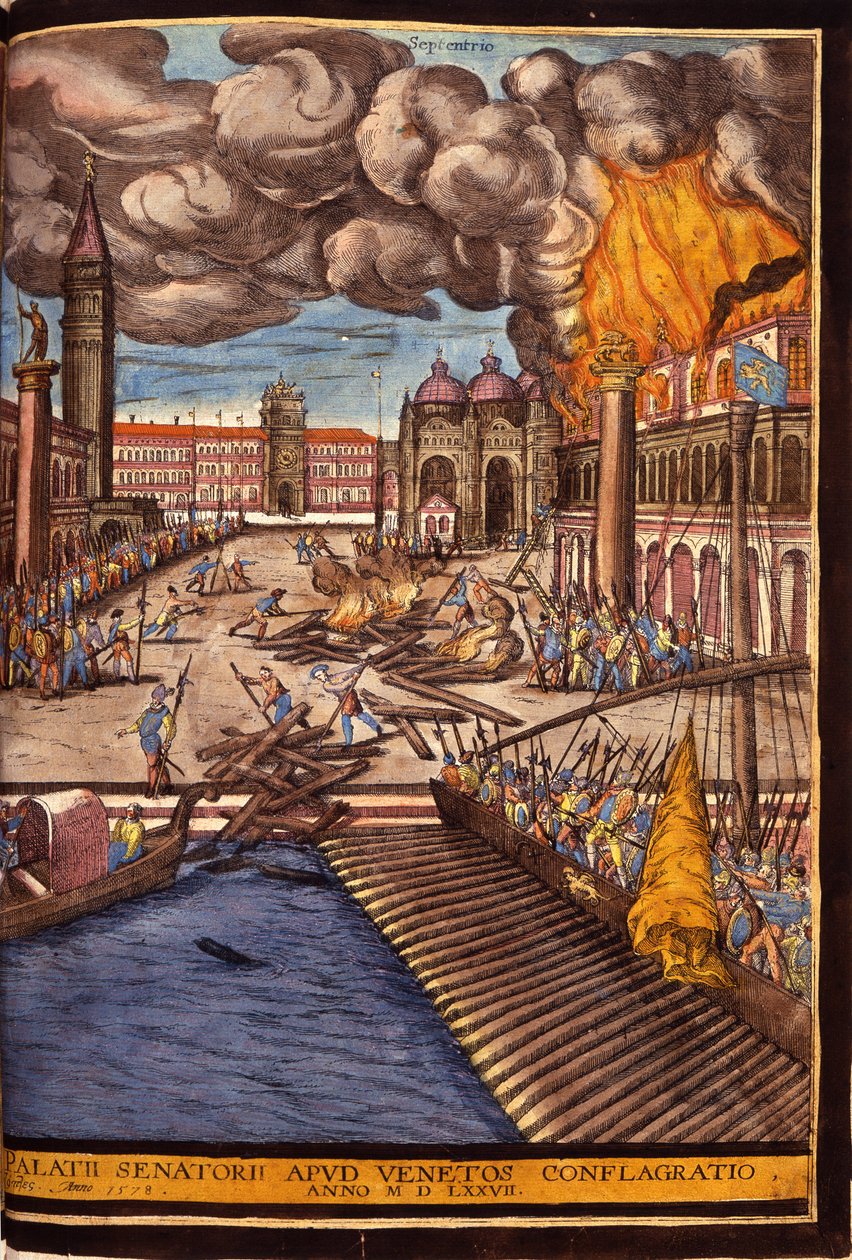 El Gran Incendio del Palacio Ducal en la Plaza de San Marcos en Venecia en 1577. Grabado por George Braun en "Civitatis Orbis Terrarum" Volumen I escrito por Franz Hogenberg de Georg Braun and Hogenberg Franz