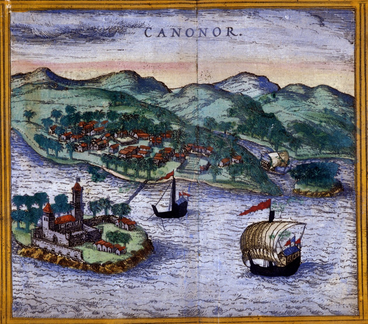 Vista de Canonor (o Cannanore) en India de una edición de “Civitates Orbis Terrarum” de Braun y Hogenberg de Georg Braun and Hogenberg Franz