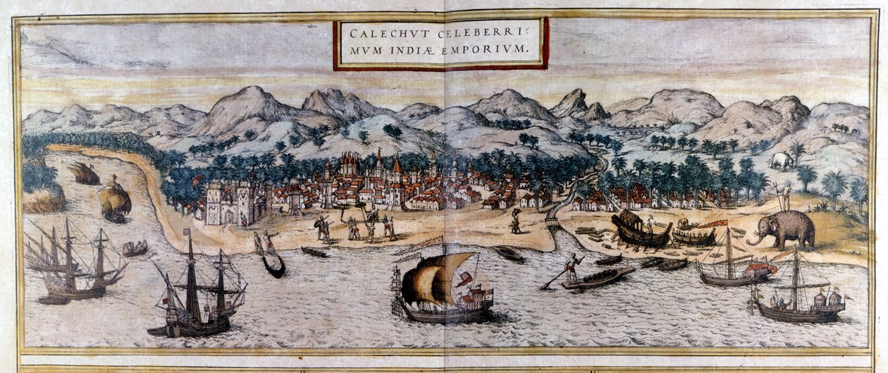 Vista de Kozhikode o Calicut en India del Atlas “Civitates Orbis Terrarum” de Braun & Hogenberg de Georg Braun and Hogenberg Franz