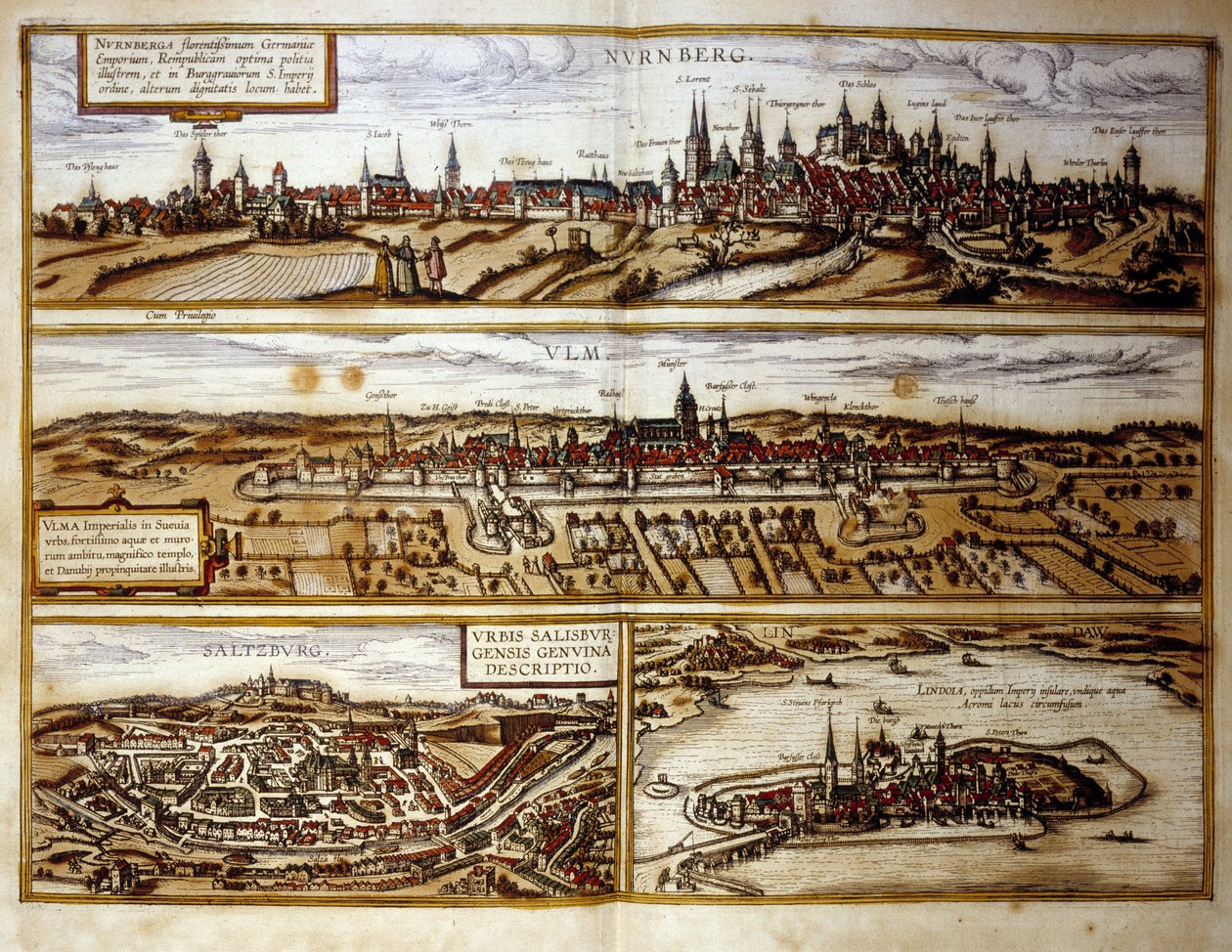 Vista de las ciudades alemanas de Núremberg y Ulm, Salzburgo, Austria. Grabado del Atlas de "Braun y Hogenberg" 1572 de Georg Braun and Hogenberg Franz