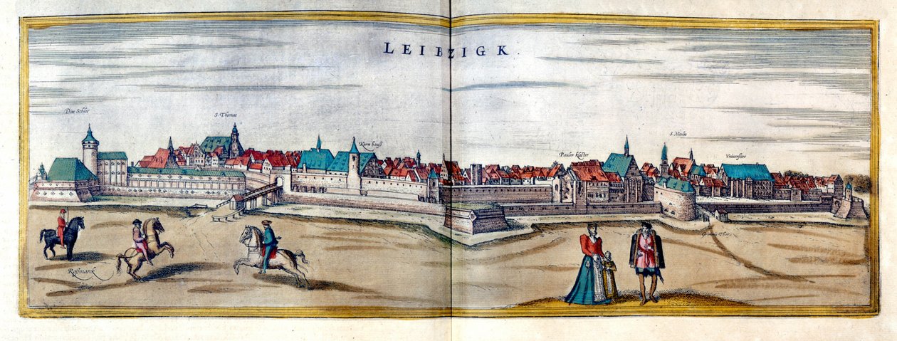 Vista de la ciudad de Leipzig en Alemania. Grabado del Atlas de “Braun y Hogenberg” de principios del siglo XVII de Georg Braun and Hogenberg Franz