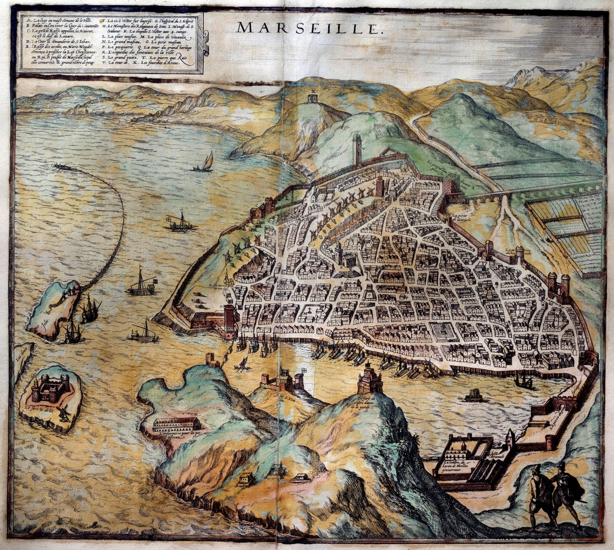 Vista de la ciudad de Marsella con mapa de calles (grabado del Atlas de Braun y Hogenberg) de Georg Braun and Hogenberg Franz