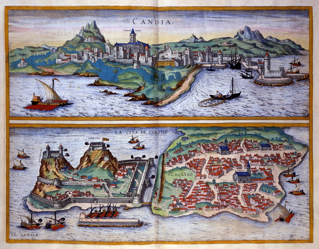 Vista del puerto de Candia (actual Heraklion) en Creta y el puerto de Corfú en Grecia. Grabado de George Braun en Civitatis Orbis Terrarum Volumen I escrito por Franz Hogenberg (1535-1590) de Georg Braun and Hogenberg Franz