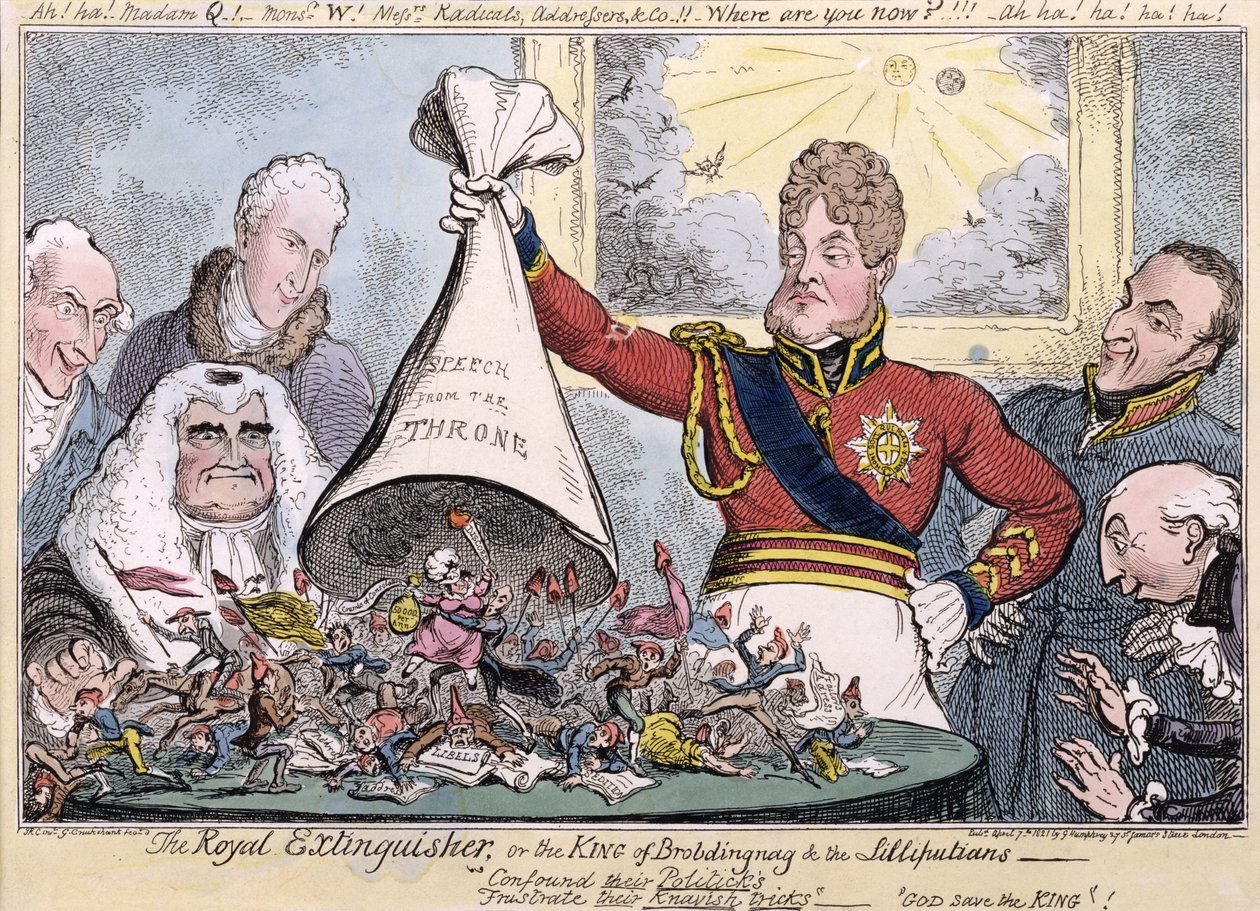 El extinguidor real o el rey de Brobdingnag y los liliputienses, 1821 de Isaac, Robert and George Cruikshank