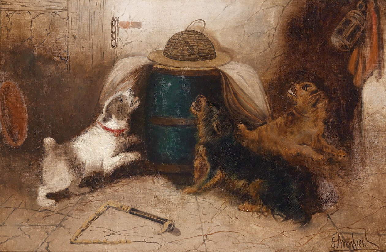 Tres perros ladrando a un ratón de George Armfield