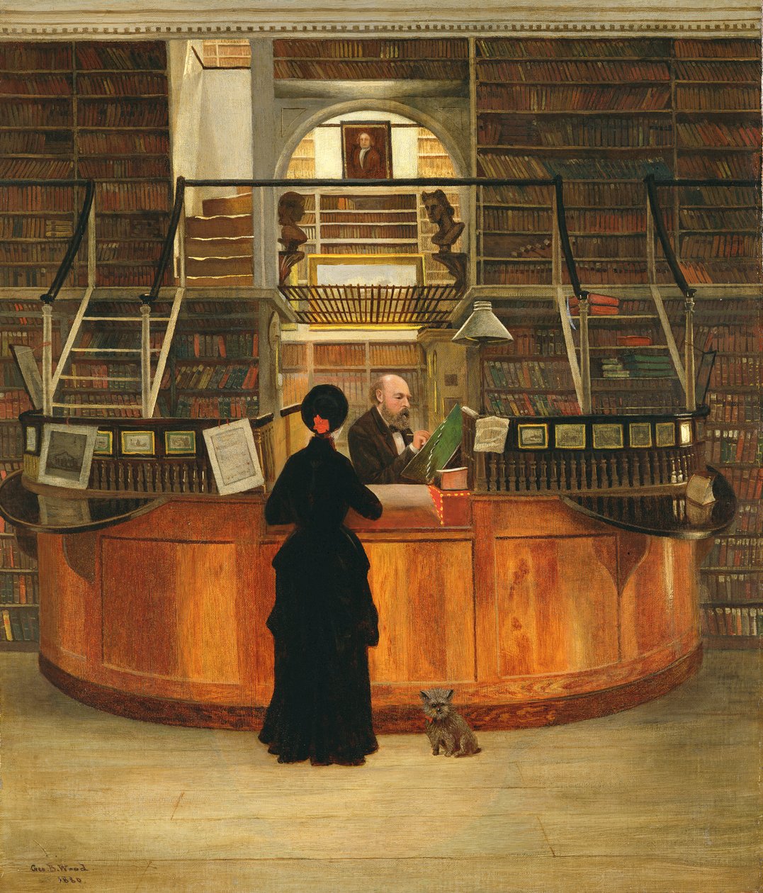 El interior de la biblioteca Logan en Filadelfia, con el bibliotecario Lloyd Pearsall Smith en su escritorio, 1880 de George Bacon Wood