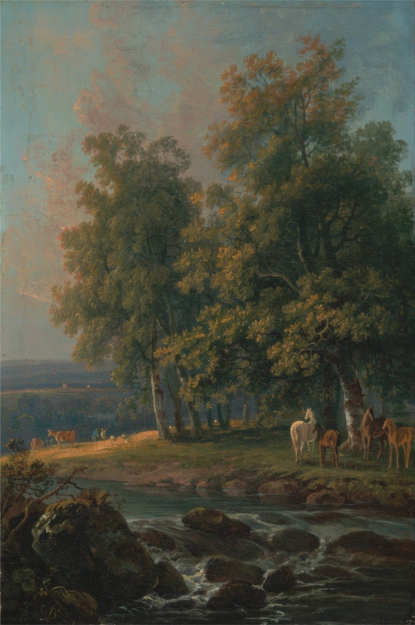 Caballos y ganado junto a un río de George Barret