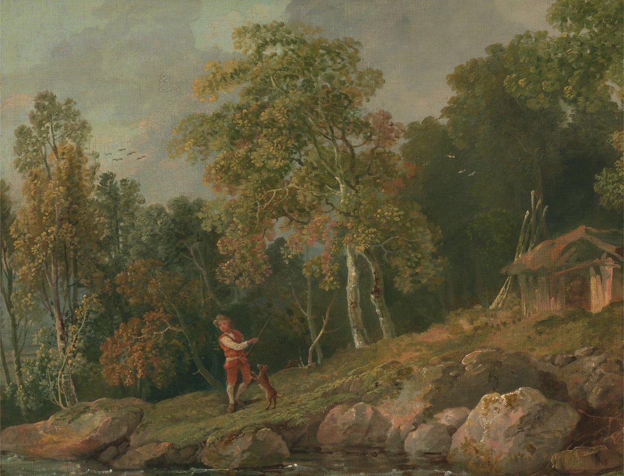 Paisaje boscoso con un niño y su perro de George Barret