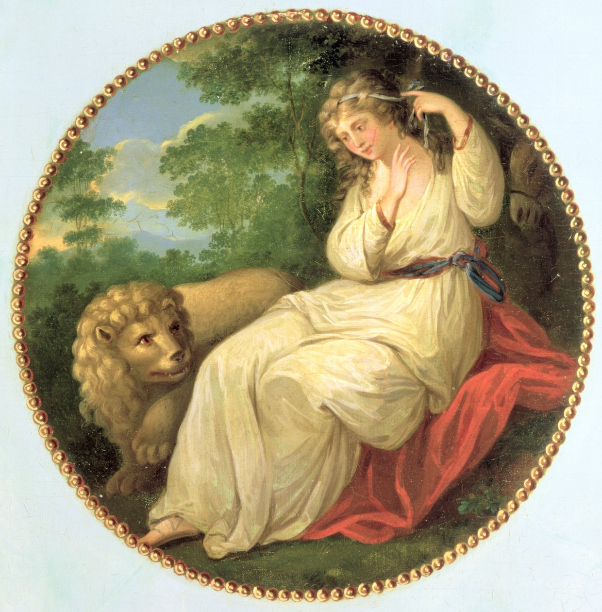Una y el león, el diseño tomado de un grabado de 1783 por Thomas Burke (1749-1815) después de Angelica Kauffman (1741-1807) uno de tres medallones decorativos de una cómoda de Jorge III, c.1790 de George Brookshaw