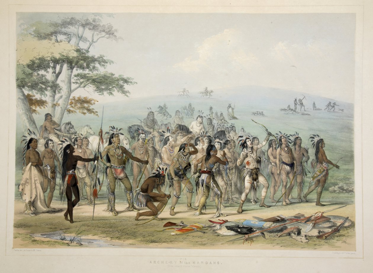 Tiro con Arco de los Mandan, de la Cartera de Indios Norteamericanos de Catlin. Escenas de Caza y Diversiones de las Montañas Rocosas y Praderas de América, pub. 1845 de George Catlin