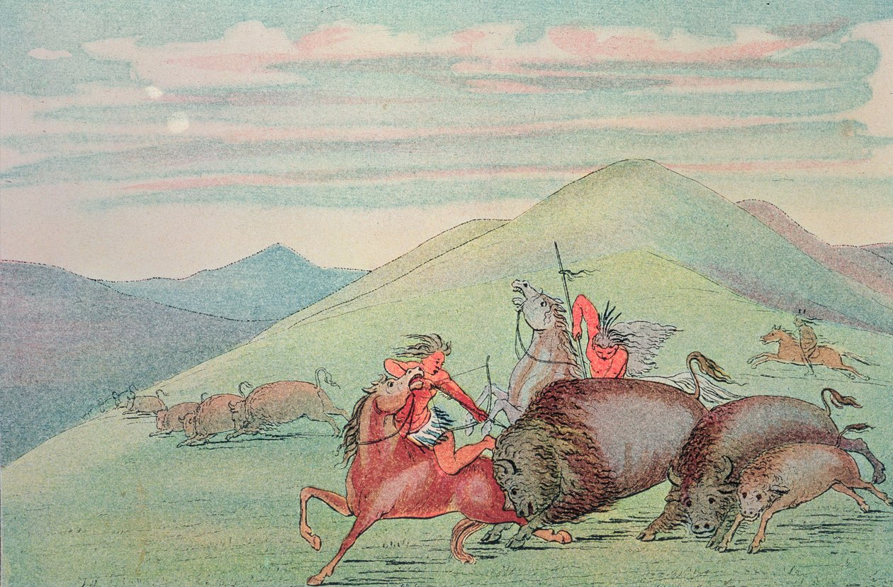 Toro de búfalo protegiendo a la cría y a la madre bajo ataque de George Catlin