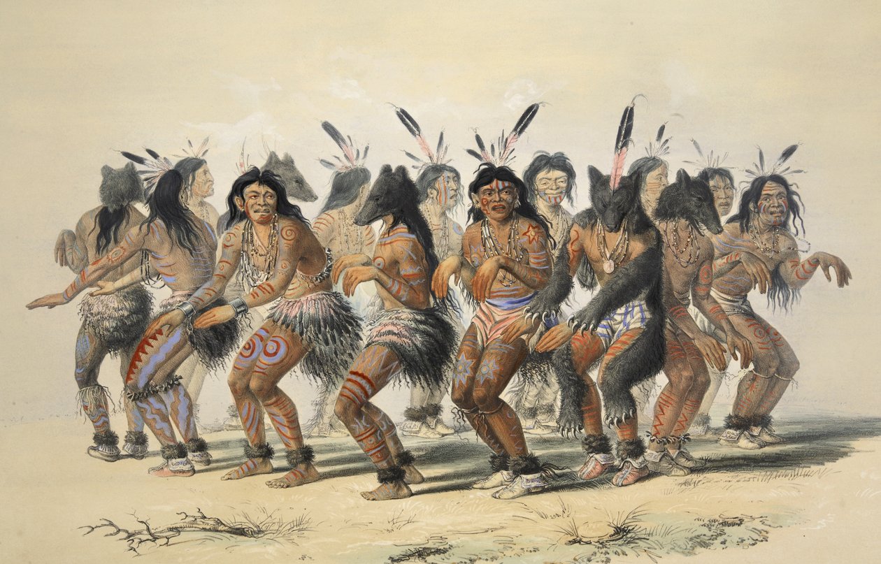 El Baile del Oso (detalle), de la Cartera de Indios Norteamericanos de Catlin. Escenas de Caza y Diversiones de las Montañas Rocosas y Praderas de América, pub. 1845 de George Catlin