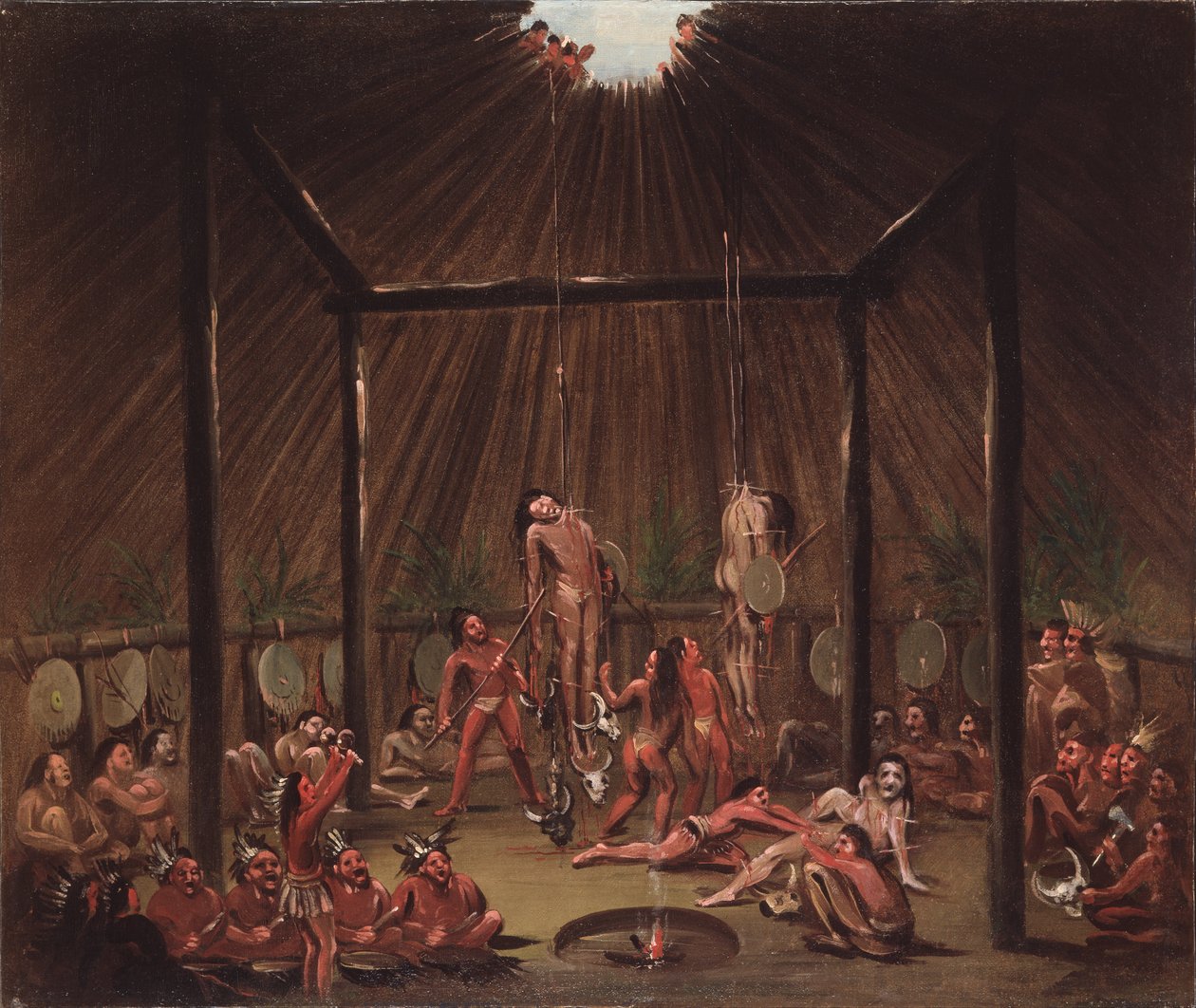 La escena del corte, ceremonia Mandan O-kee-pa de George Catlin