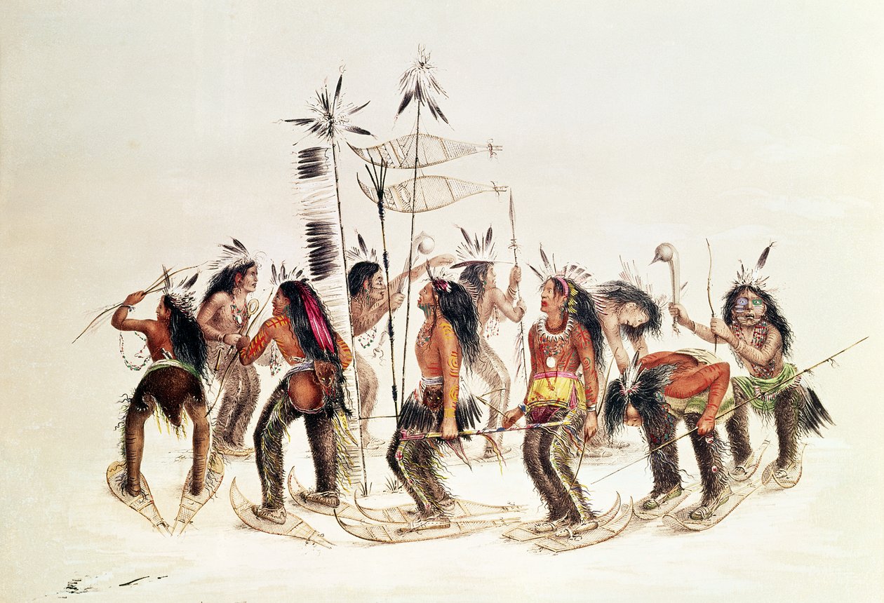 La Danza del Raqueta de Nieve: Para Agradecer al Gran Espíritu por la Primera Aparición de Nieve de George Catlin