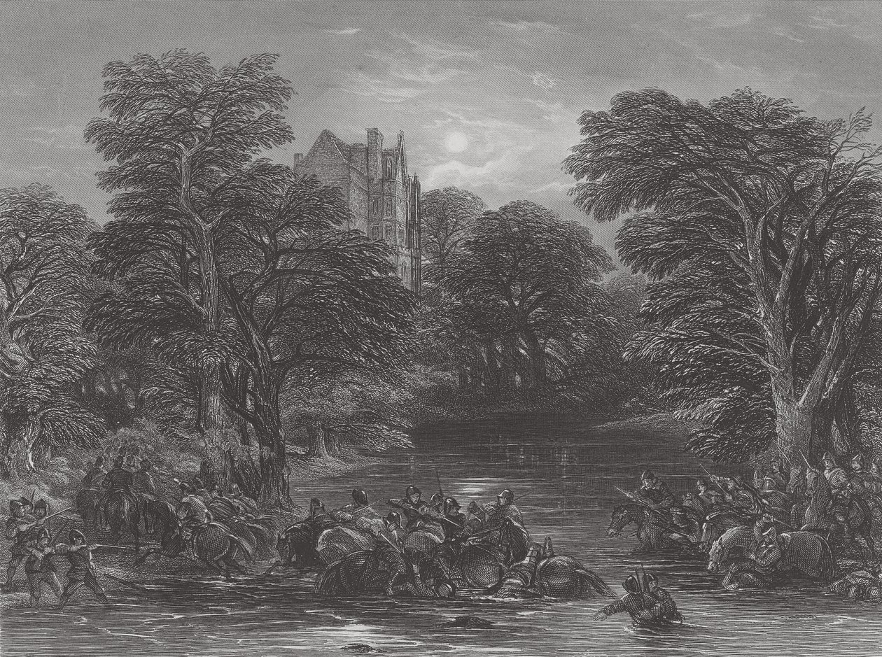 Los Escoceses perseguidos después de la Batalla de Preston, grabado por J.C. Varrall, 1844 de George Cattermole