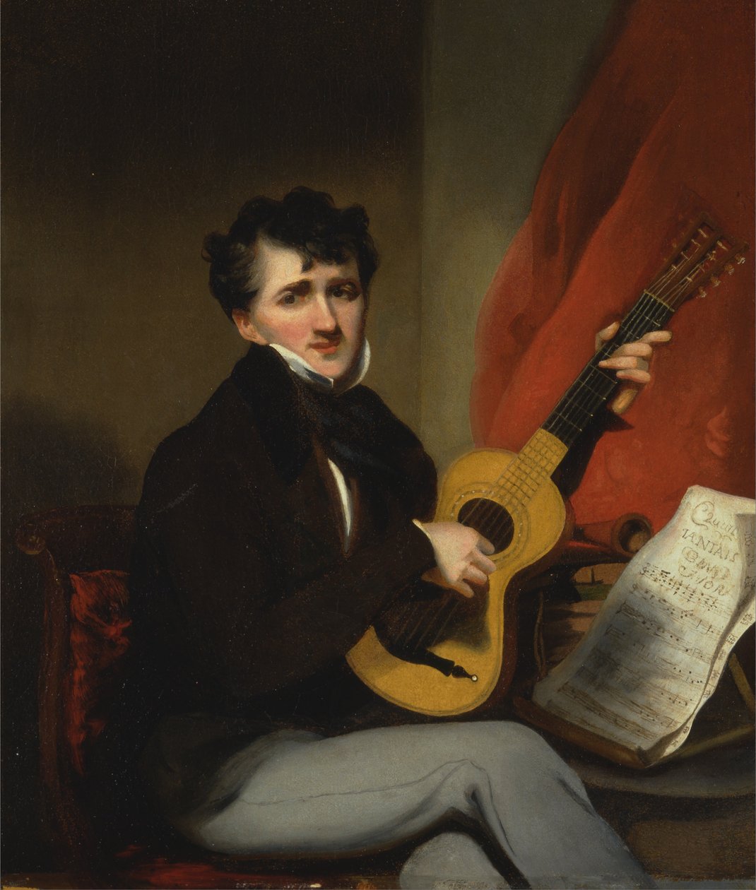 Retrato de un hombre tocando una guitarra de George Chinnery
