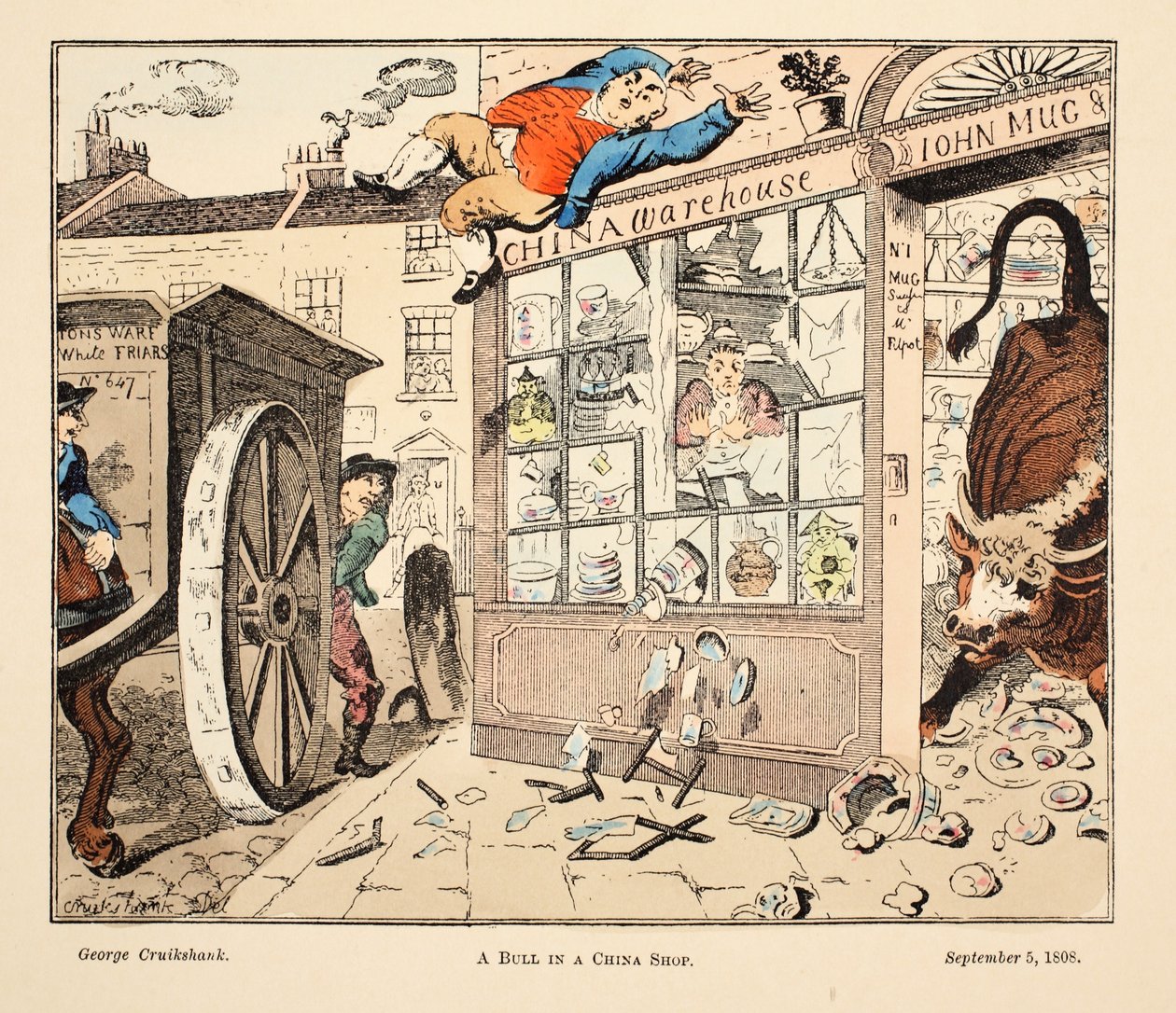 Un toro en una tienda de porcelana, pub. 1808 de George Cruikshank
