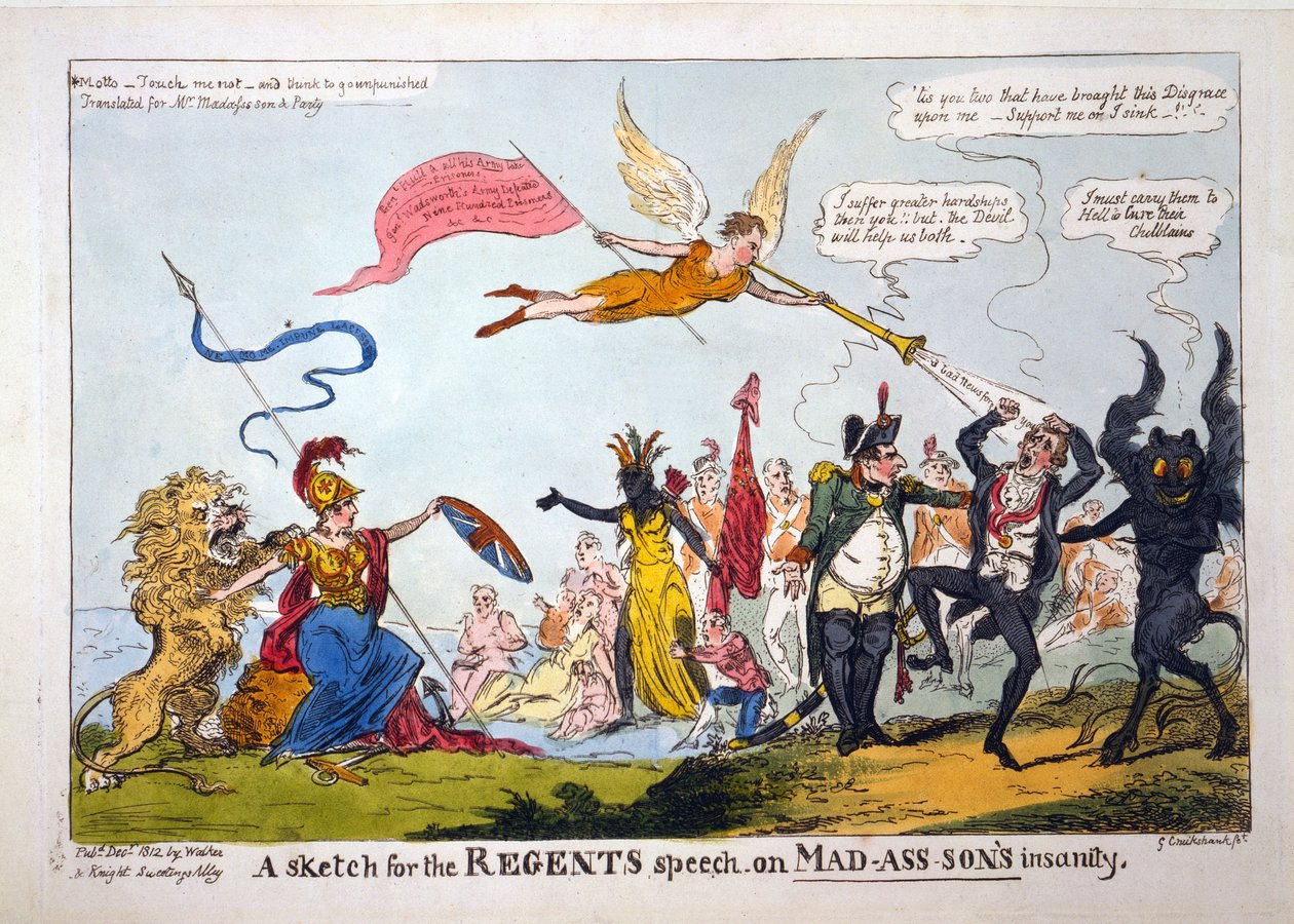 Un Boceto para el Discurso del Regente sobre la Locura de Mad-Ass-Son, pub. 1812 de George Cruikshank