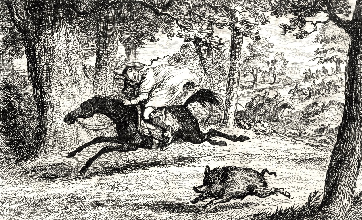El cardenal Juan de Belue persiguiendo un jabalí, ilustración de 